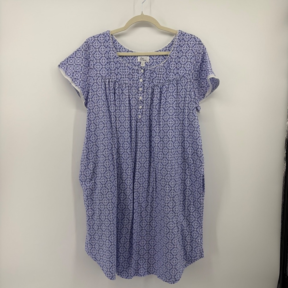 Aria Collection Womens L Purple Floral Nightgown Cotton Short Sleeve Lace Pocket